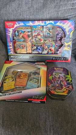 Pokemon TCG Bundle: Mega Lucario Ex Figure Collection+Prismatic Evolutions Poster Collection+ Mega Gengar Ex Moonlight Tin