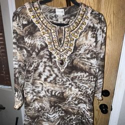 Chico's Blouse Shirt Top Women Size 0 Small Tunic Animal Print Beaded