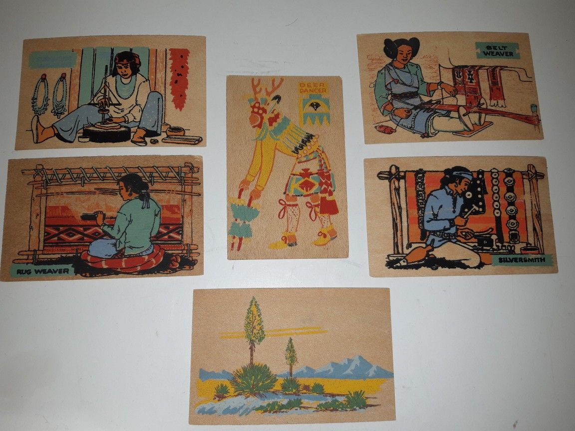 6 Vintage Wooden Native American Post Cards