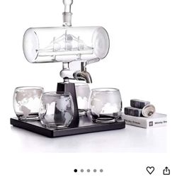Whiskey Decanter Set with Wine Bottle 4 Glasses - Stainless Steel Spigot, Pine Wood Base - Elegant Liquor Dispenser for Home Bar