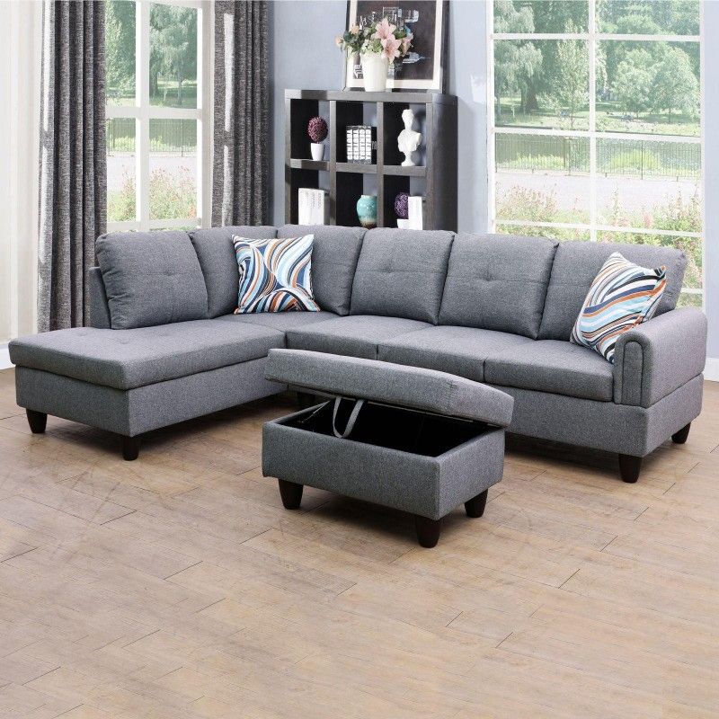 Grey linens sectional sofa family living area footrest collection furnishings for sale near me