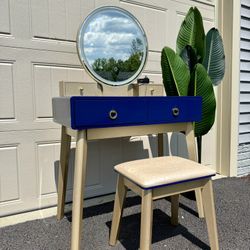 Blue Gold Vanity Table with Stool and LED mirror 