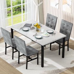 Marble Dining Table Set for 4, Rectangular Faux Marble Kitchen Table and Chairs Set, Dining Table with 4 Tufted Velvet Upholstered Dining Chairs, Dini