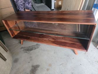 Mid-Century Modern Wood TV Stand with Glass Shelf