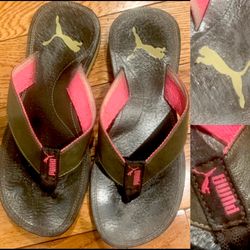 VINTAGE 00s PUMA leather Brown & Pink Flip Flops Y2K McBling Aesthetic size 8