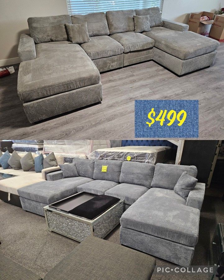 Reduce Price Sectional Doble Chaise $489 Corduroy Fabric Dark Grey Or Grey