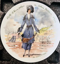 This is a vintage D'Arceau Limoges collector plate titled "Edith - La Femme Pratique," part of the Les Femmes du Siècle (Women of the Century) series
