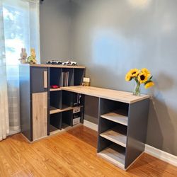 L-Shaped Computer Desk with Cube Shelves and Cabinet