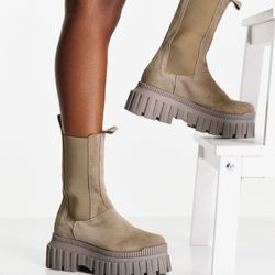 ASOS Women's Grey Addison Premium Suede Chunky Chelsea Boots