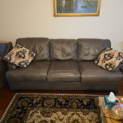 Large Gray Faux Leather Sofa – Like New – 3 Seater