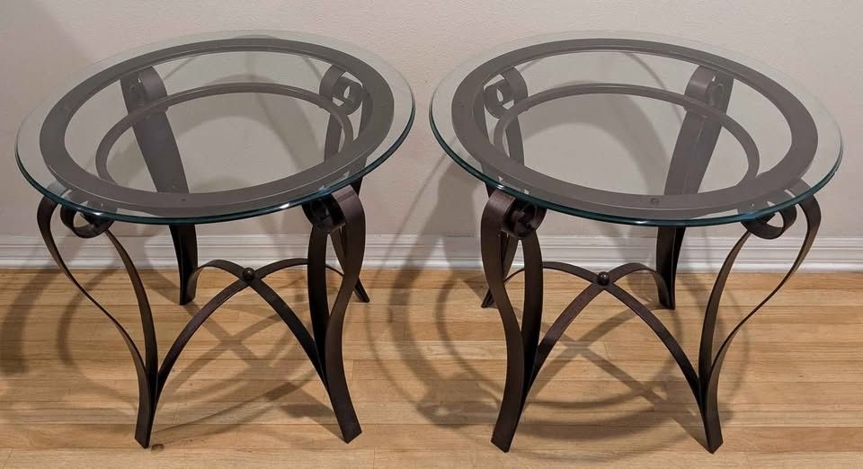 Decorative Round Metal and Glass Side Tables
