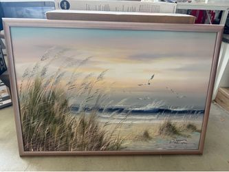 Large Vintage Coastal Oil Painting (Framed)