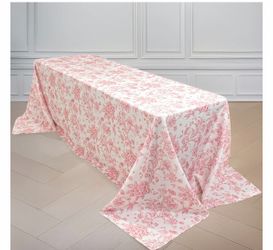 Polyester Rectangular Tablecloth 90"x156" White with Pink French Toile Pattern Great For Weddings
