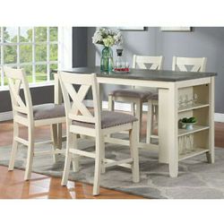 5 Piece Counter Height Dining Set With Storage Shelves Cream Color And Light Grey Firm Price $550 Financing Available 