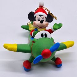 Disney Christmas Ornament Grolier Mickey Flying Green Airplane 1990 Santa Hat