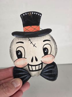 Johanna Parker Halloween Skull Skeleton Wooden Ornament Top Hat Bow Tie Folk Art