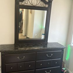 Dark brown dresser with mirror and night stand set