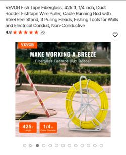 VEVOR Fish Tape Fiberglass, 425 ft, 1/4 inch, Duct Rodder Fishtape Wire Puller, Cable Running Rod with Steel Reel Stand, 3 Pulling Heads, Fishing Tool