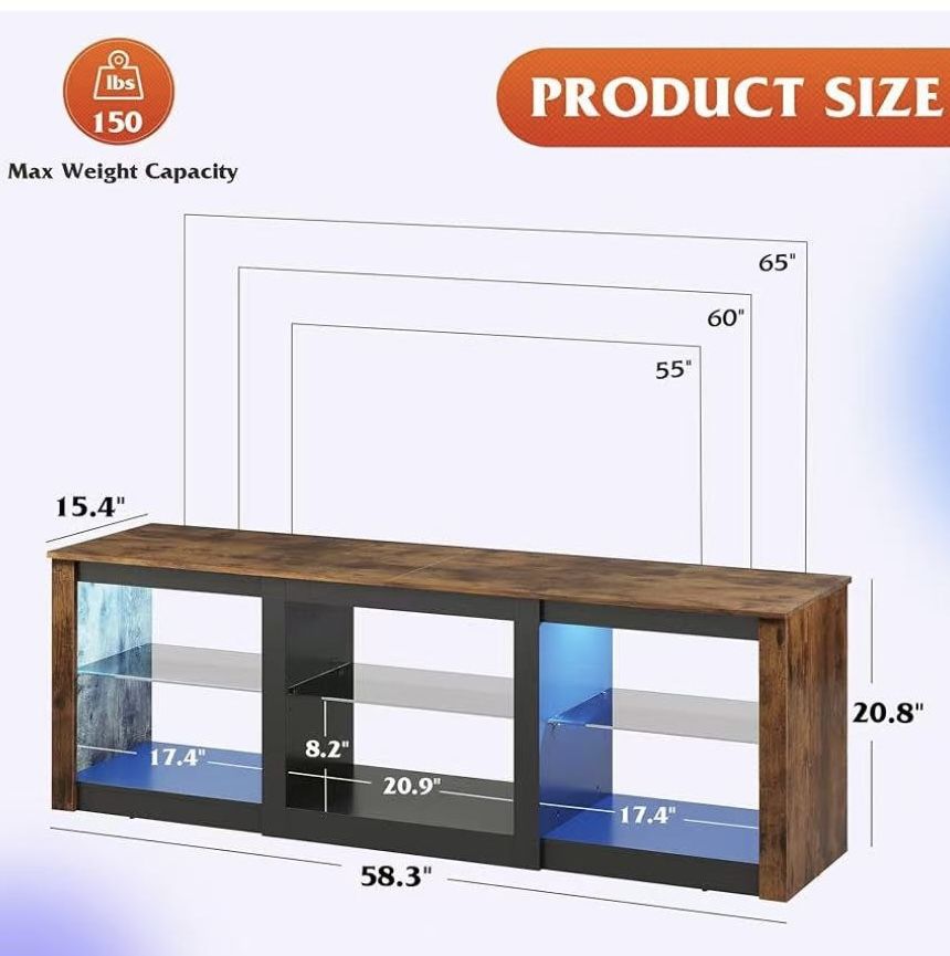 😀 TV Stand for 65 Inch TV, Modern Entertainment Center with Adjustable Glass Shelves & Customizable LED Lights, Sturdy Media Console for Living Room