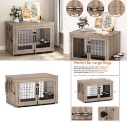 Dog Crate Furniture with 360°Rotatable Removable Dog Bowls, Upgraded Sturdy Door Lock,