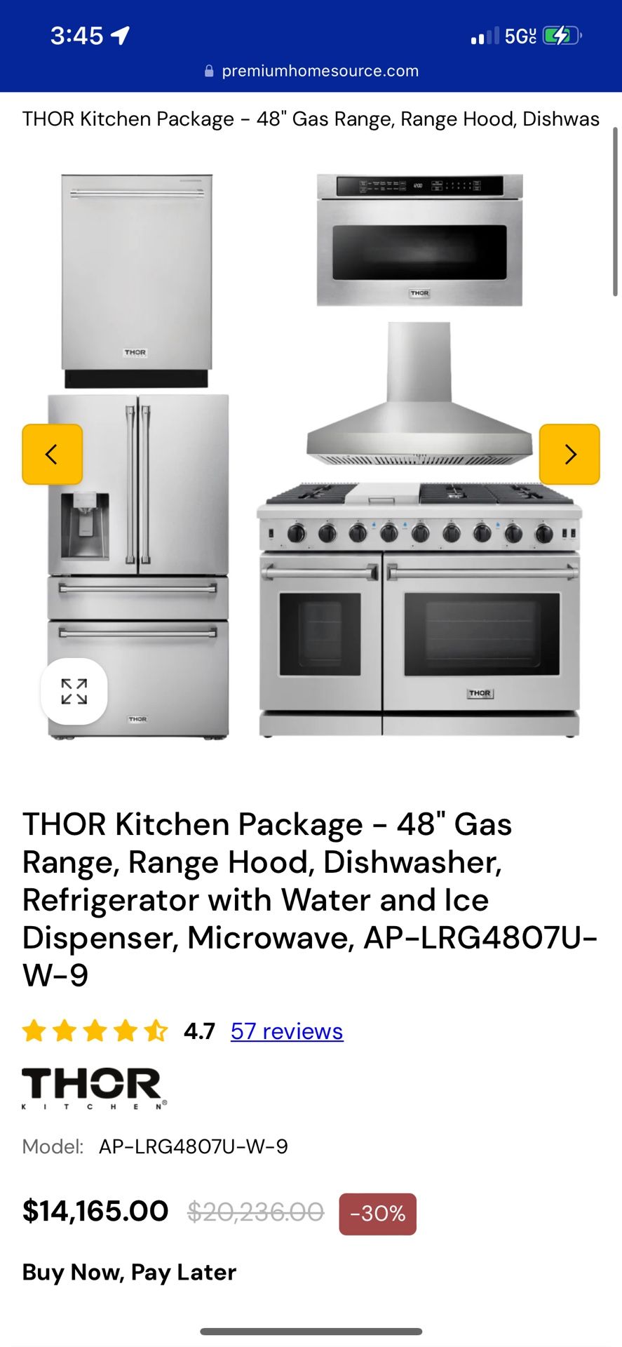 THOR Kitchen Package - 48" Gas Range, Range Hood, Dishwasher, Refrigerator with Water and Ice Dispenser, Microwave, AP-LRG4807U-