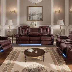 ✨     Brown Leatherette Reclining Living Room Set W/LED Light (3 Pcs. )✨