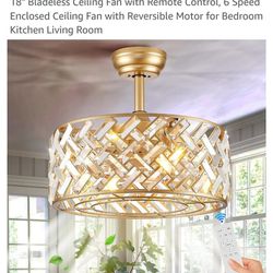 CATINER Gold Crystal Caged Ceiling Fans with Light, 18" Bladeless Ceiling Fan with Remote Control,

