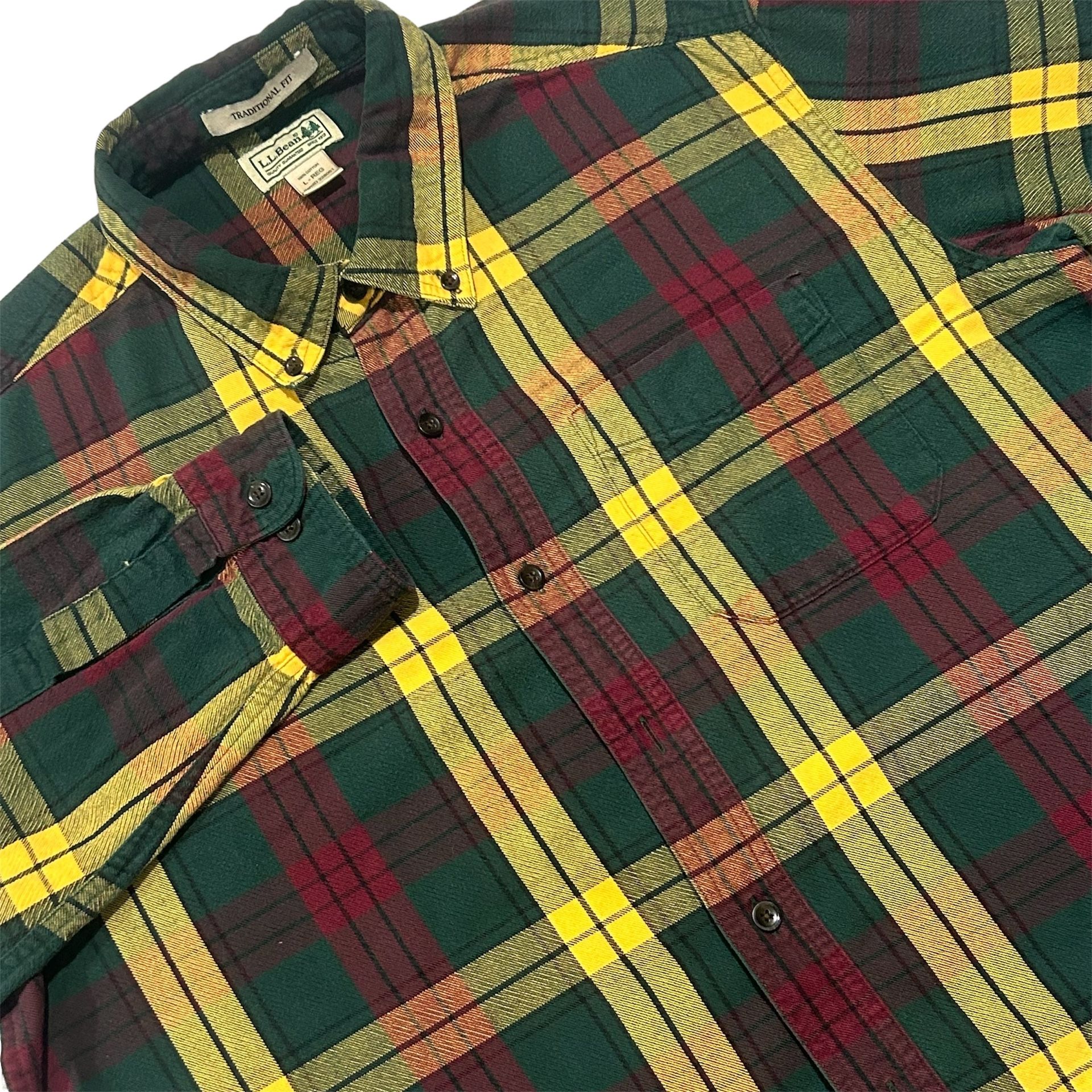 LL Bean Men’s Large Yellow Red Green Scotch Plaid Traditional Fit Flannel Shirt