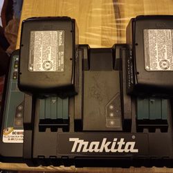 MAKITA 18V LITHIUM ION DUAL PORT RAPID OPTIUM CHARGER DC18RD 2 BATTERIES 18V,NO ISSUES WORKS GREAT 
