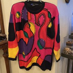 Vintage I.B. DIFFUSION Women 1992 Multicolor Sequin Bead Knit Tunic Sweater-Med