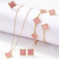 6 Pcs Four Leaf Clover Earring Necklace Bracelet Bangle Ring Jewelry pink