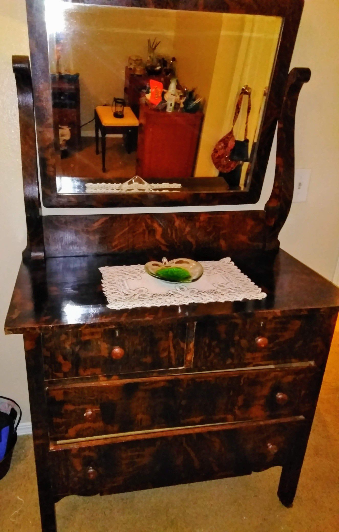 1920s tiger oak dresser with a beveled mirror asking 185