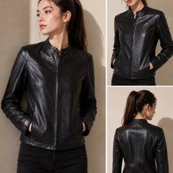 John Paul Richard Women’s Black Genuine Leather Zip Up Jacket with Pockets Size 6