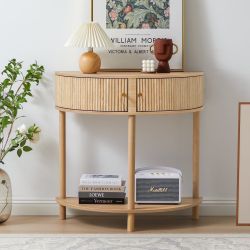 PHOYAL Fluted Half Moon Console Table with Drawers and Storage, Wooden Semi Circle End table with Shelf for Living Room, Half Round Side Table for Ent