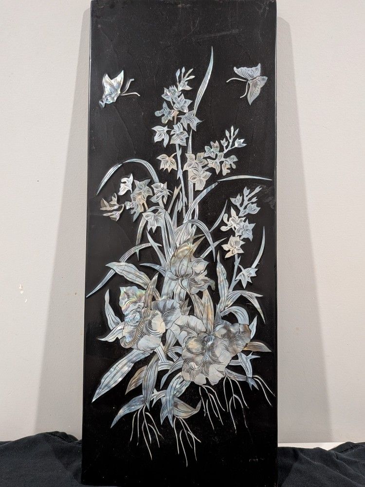 Antique Japanese Floral Butterfly Mother of Pearl Inlay Shibayama Hanging Panel