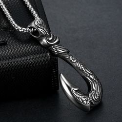 Mens Stainless Steel Hawaiian Fishing Fish Hook Pendant Necklace 25 inch Chain