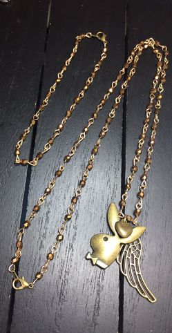 22” Brass/Austrian Opaque Acrylic Necklace with Playboy, Heart, Wing Charms and Matching 8” Bracelet/ Set