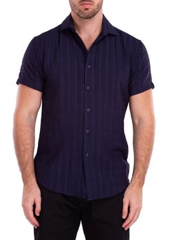 Bespoke Sport Short-Sleeve Modern Fit Navy Blue Vertical Stripe Shirt Size L
