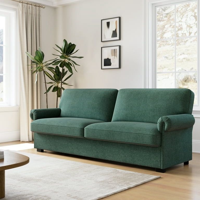 70.9”W 3-Seater Couch, Linen Fabric Upholstered Loveseat Sofa with Removable Cushion Covers and Round Armrest, Green