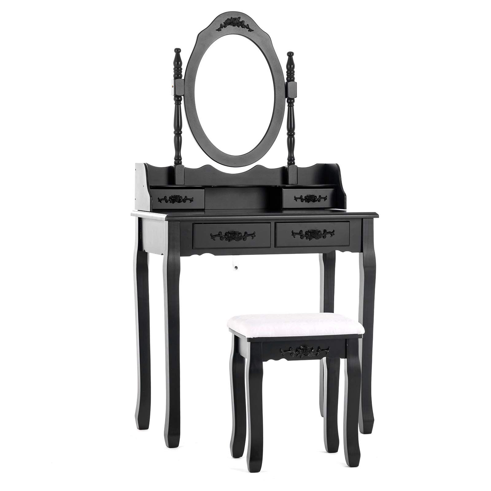 Vanity Table,Makeup Dressing Table With Oval Mirror,Bedroom Vanity Set W/Cushioned Stool 4 Drawers Women Girls Kids Blac 