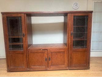 Vintage Mission Oak Entertainment Center TV Console Media Cabinet with Leaded Glass Doors