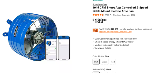 QuietCool 1945 CFM Smart App Controlled 2-Speed Gable Mount Electric Attic Fan (Brand New)