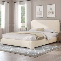   Queen Bed Frame, Cloud Boucle Headboard, Rounded Corners, Cream Soft boucle and rounded edges create a low-profile cloud look. Wooden slat
