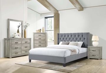 Queen size grey tufted bed with orthopedic mattress included