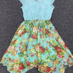 Bonnie Jean girls size 14 aqua lace bodice dress and a floral chiffon handkerchief hem