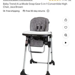 Baby Trend High Chair -A La Mode Snap Gear 5-in-1 High Chair 3 Recline Positions & 6 Height Adjustments