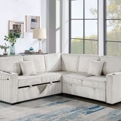 Convertible  Sectional Sofa With pull-out bed & Storage Ivory Corduroy