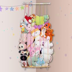 Stuffed Animal Storage Wood Hanging Toy Organizer with Adjustable Elastic Rope, Soft Toy Shelf Large Corner Plush Toys Holder for Nursery Play Room Be