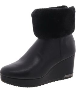 DKNY Black Leather Wedge Ankle Boots with Faux Fur Cuff