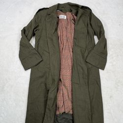 Bill Blass Signature Wool Trench Coat Olive Green Zip Out Plaid Liner USA Long